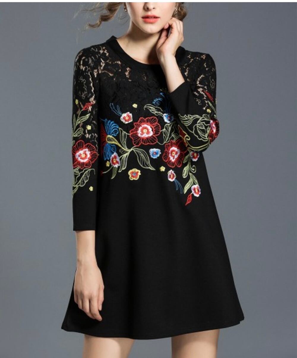 Vicky and Lucas Floral Embroidery Black Lace Mini Dress SP